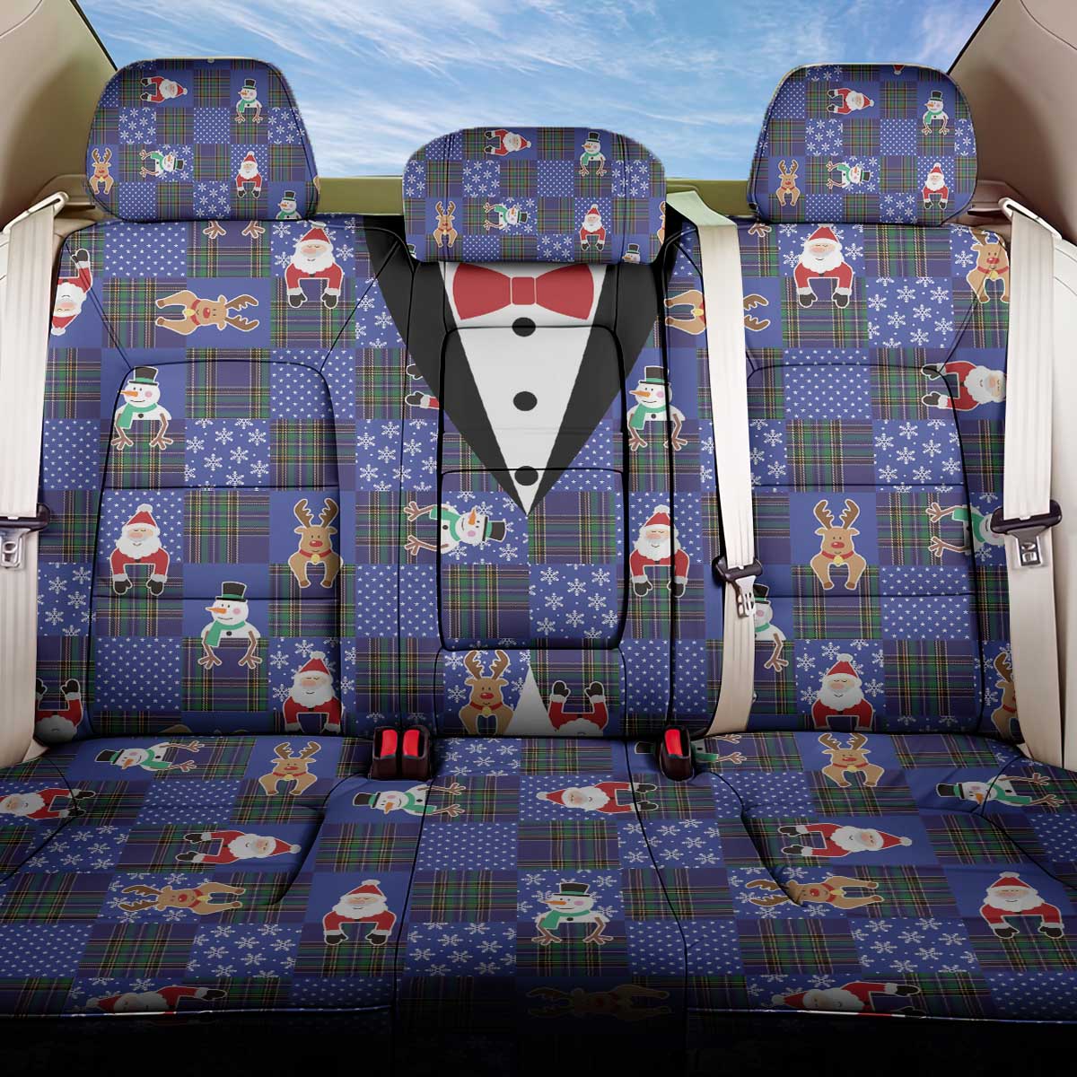 Christmas Patchwork Fake Tuxedo Back Car Seat Cover Santa and Reindeer Blue Plaid Style - Wonder Print Shop