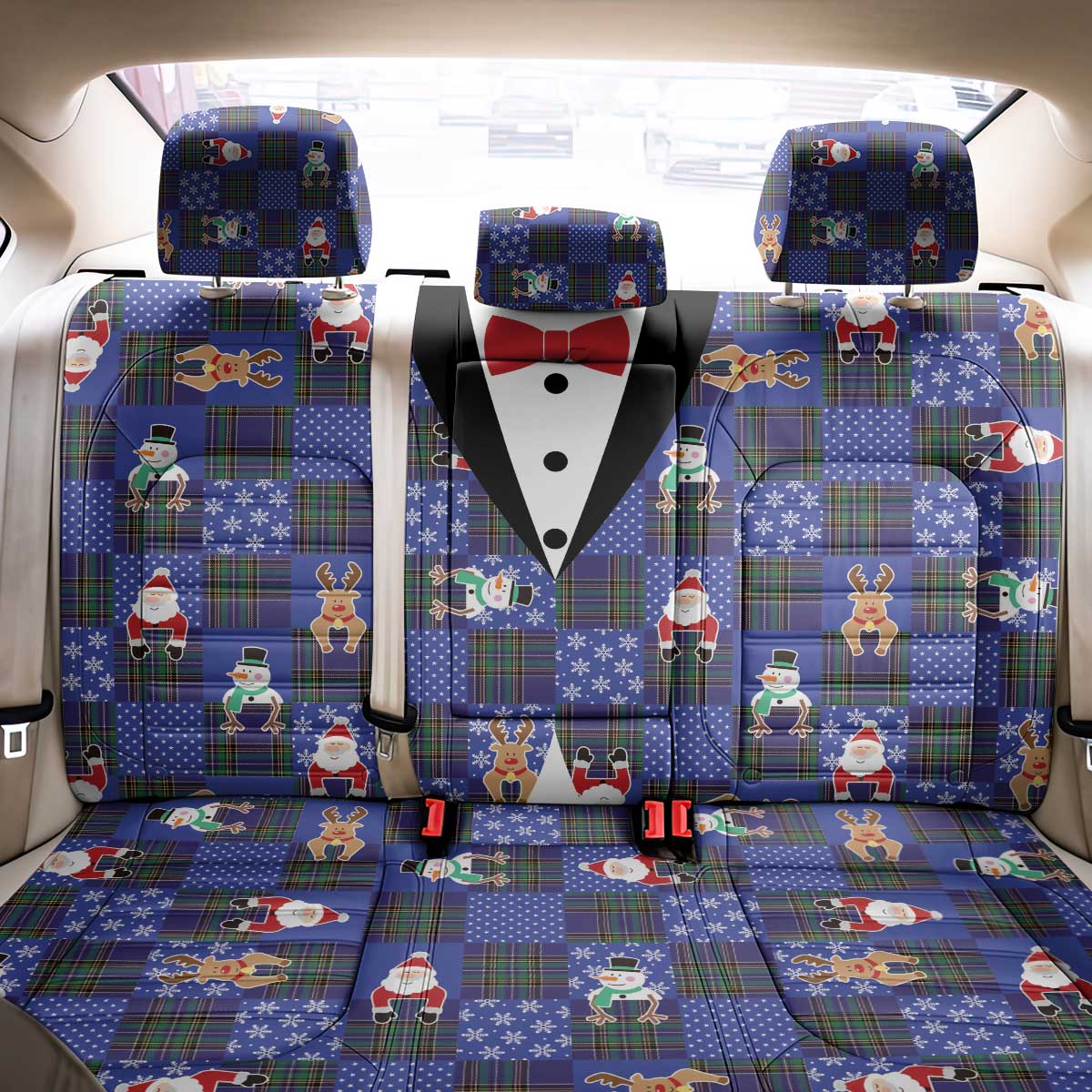 Christmas Patchwork Fake Tuxedo Back Car Seat Cover Santa and Reindeer Blue Plaid Style - Wonder Print Shop