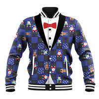 Christmas Patchwork Fake Tuxedo Baseball Jacket Santa and Reindeer Blue Plaid Style - Wonder Print Shop