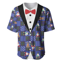 Christmas Patchwork Fake Tuxedo Baseball Jersey Santa and Reindeer Blue Plaid Style - Wonder Print Shop