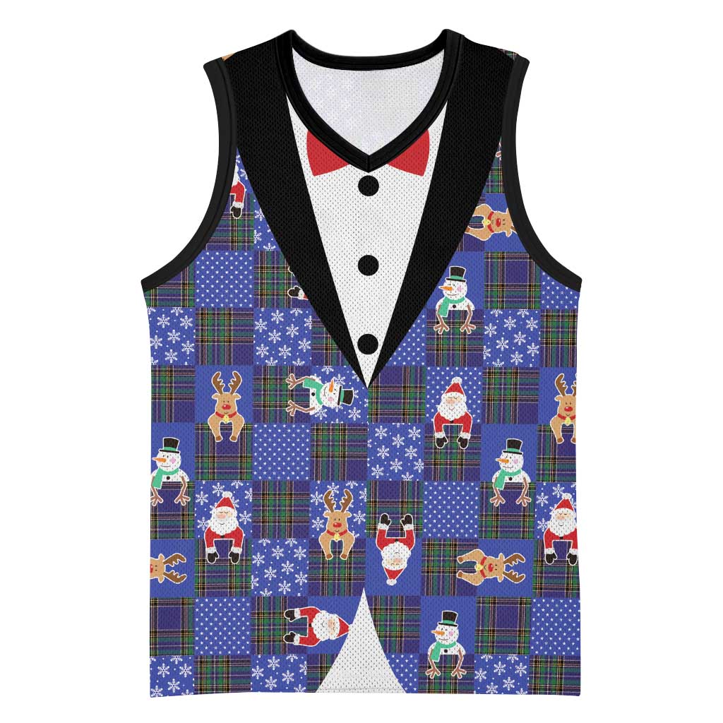 Christmas Patchwork Fake Tuxedo Basketball Jersey Santa and Reindeer Blue Plaid Style - Wonder Print Shop