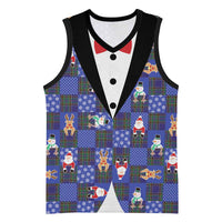 Christmas Patchwork Fake Tuxedo Basketball Jersey Santa and Reindeer Blue Plaid Style - Wonder Print Shop