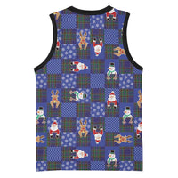 Christmas Patchwork Fake Tuxedo Basketball Jersey Santa and Reindeer Blue Plaid Style - Wonder Print Shop