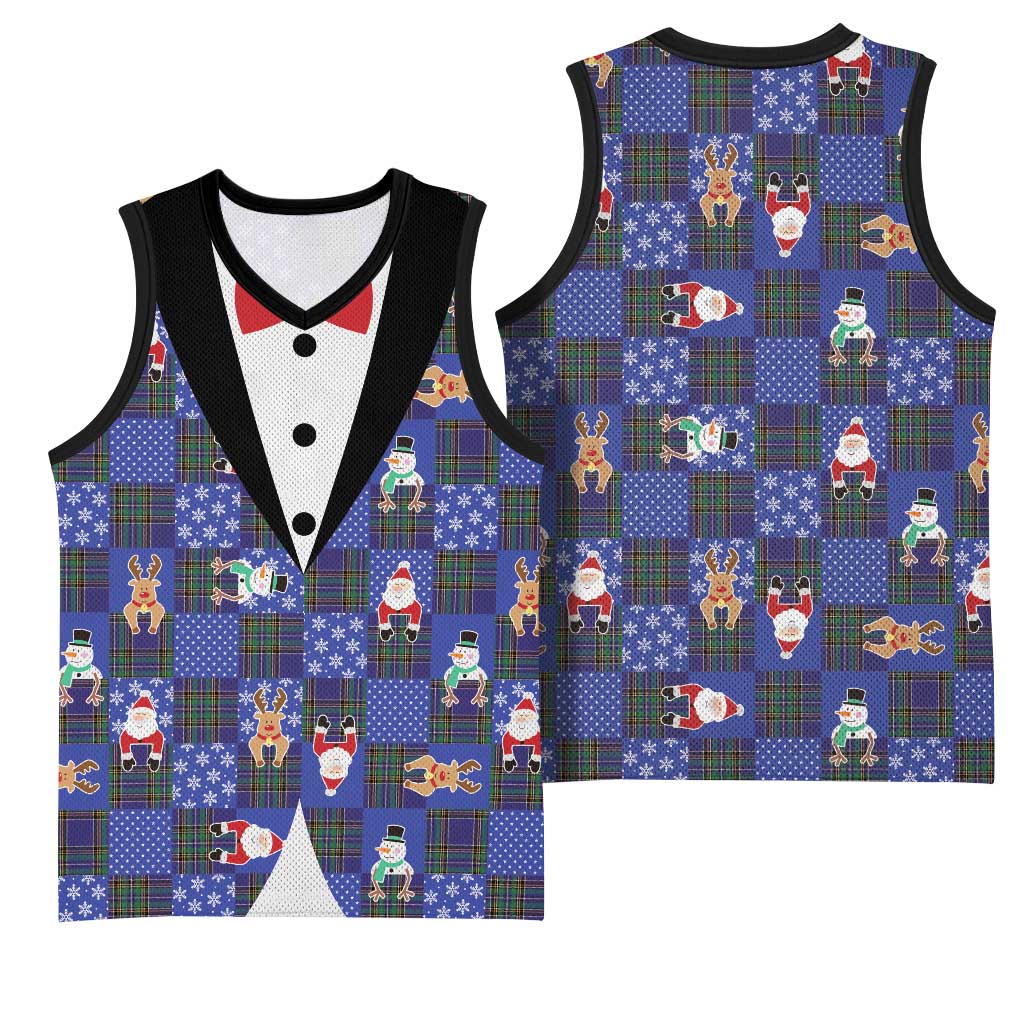Christmas Patchwork Fake Tuxedo Basketball Jersey Santa and Reindeer Blue Plaid Style - Wonder Print Shop