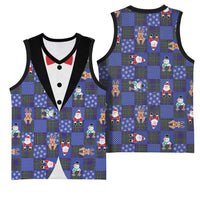 Christmas Patchwork Fake Tuxedo Basketball Jersey Santa and Reindeer Blue Plaid Style - Wonder Print Shop