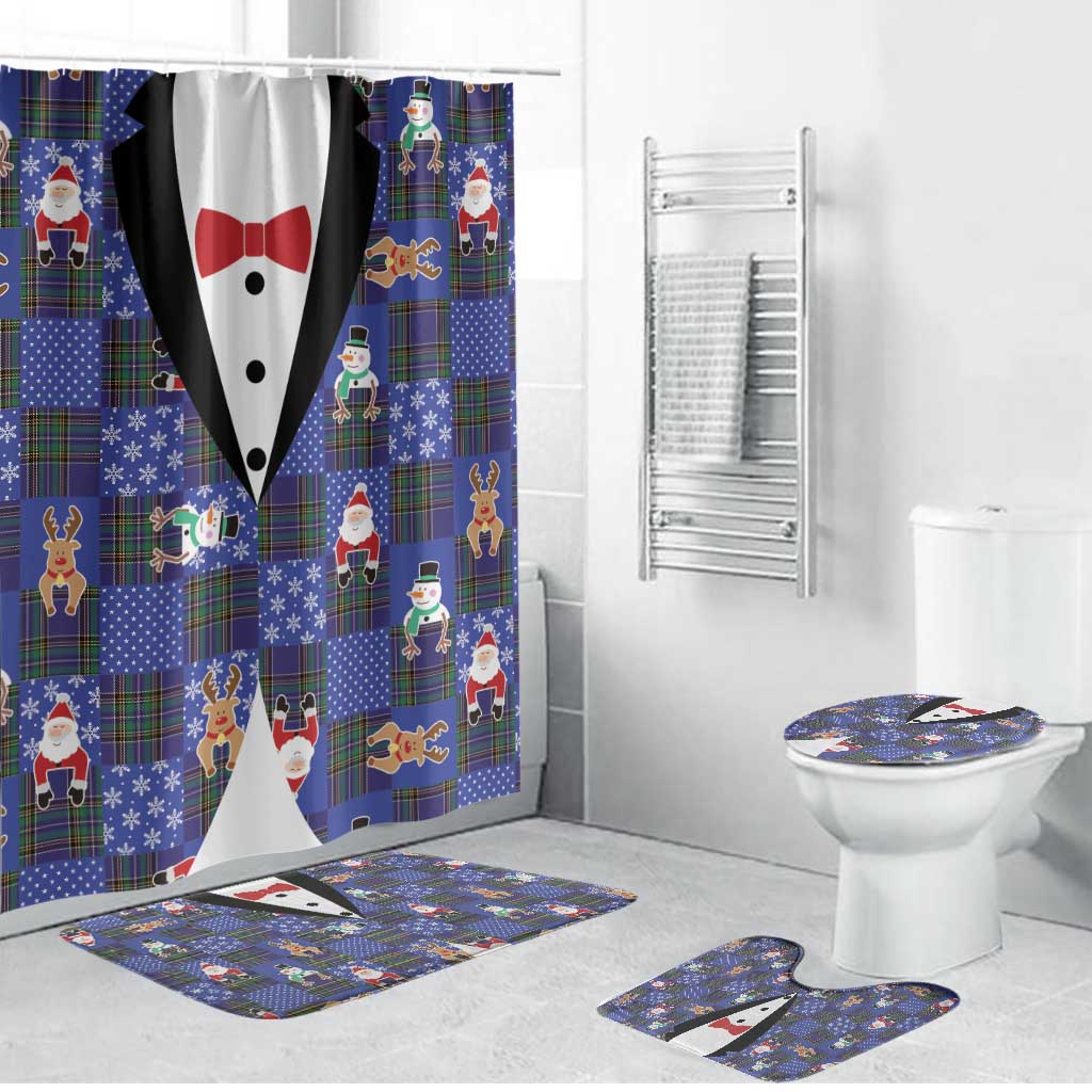 Christmas Patchwork Fake Tuxedo Bathroom Set Santa and Reindeer Blue Plaid Style - Wonder Print Shop