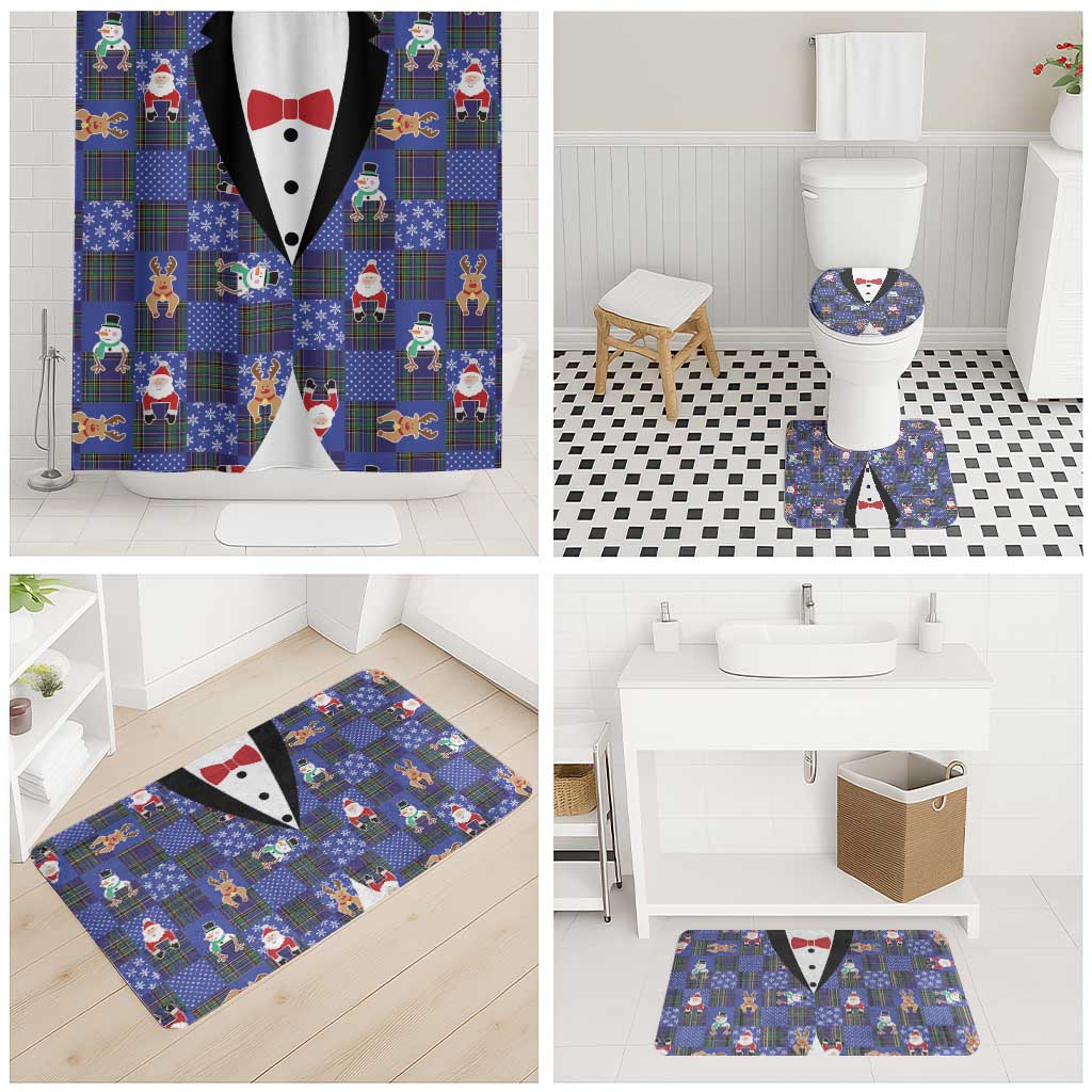 Christmas Patchwork Fake Tuxedo Bathroom Set Santa and Reindeer Blue Plaid Style - Wonder Print Shop