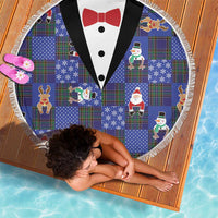 Christmas Patchwork Fake Tuxedo Beach Blanket Santa and Reindeer Blue Plaid Style - Wonder Print Shop