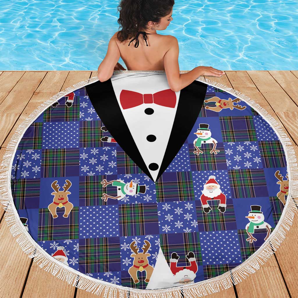 Christmas Patchwork Fake Tuxedo Beach Blanket Santa and Reindeer Blue Plaid Style - Wonder Print Shop