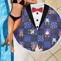 Christmas Patchwork Fake Tuxedo Beach Blanket Santa and Reindeer Blue Plaid Style - Wonder Print Shop