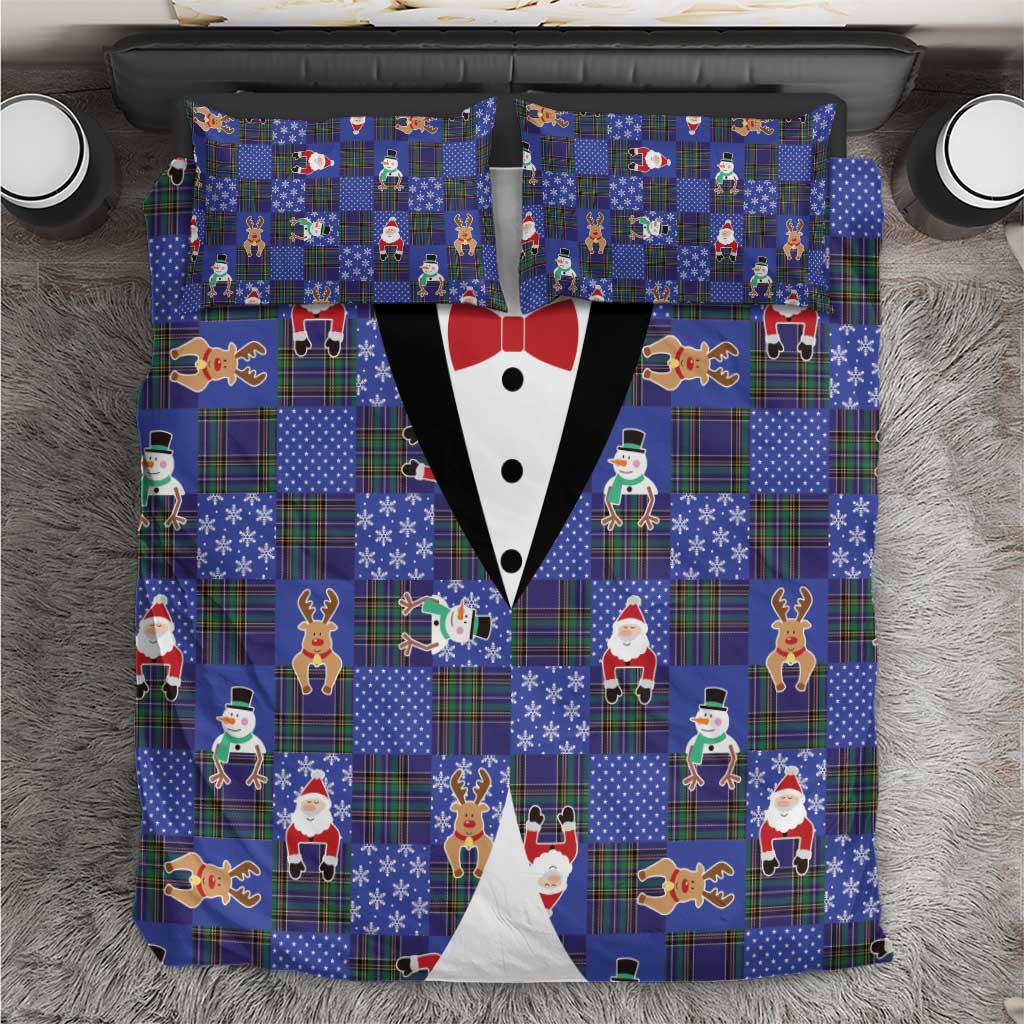 Christmas Patchwork Fake Tuxedo Bedding Set Santa and Reindeer Blue Plaid Style - Wonder Print Shop