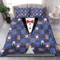 Christmas Patchwork Fake Tuxedo Bedding Set Santa and Reindeer Blue Plaid Style - Wonder Print Shop