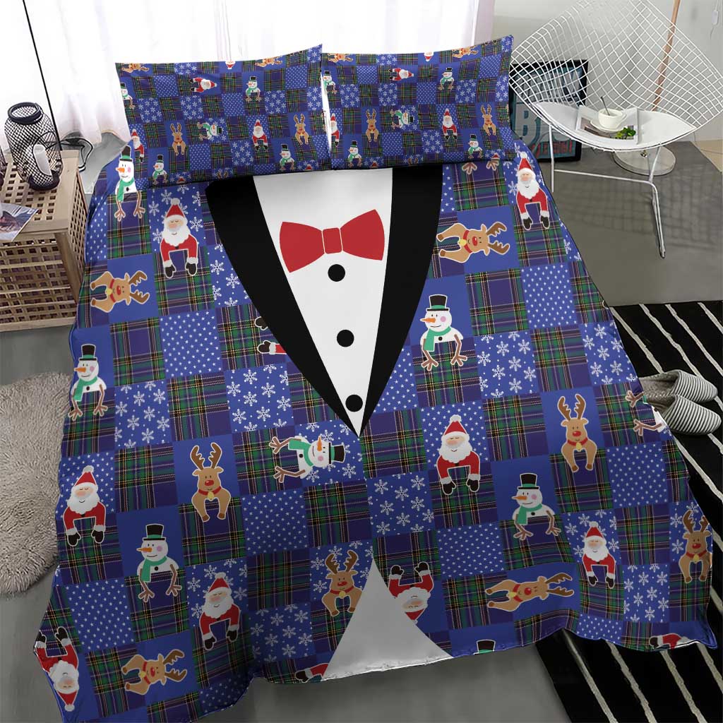 Christmas Patchwork Fake Tuxedo Bedding Set Santa and Reindeer Blue Plaid Style - Wonder Print Shop