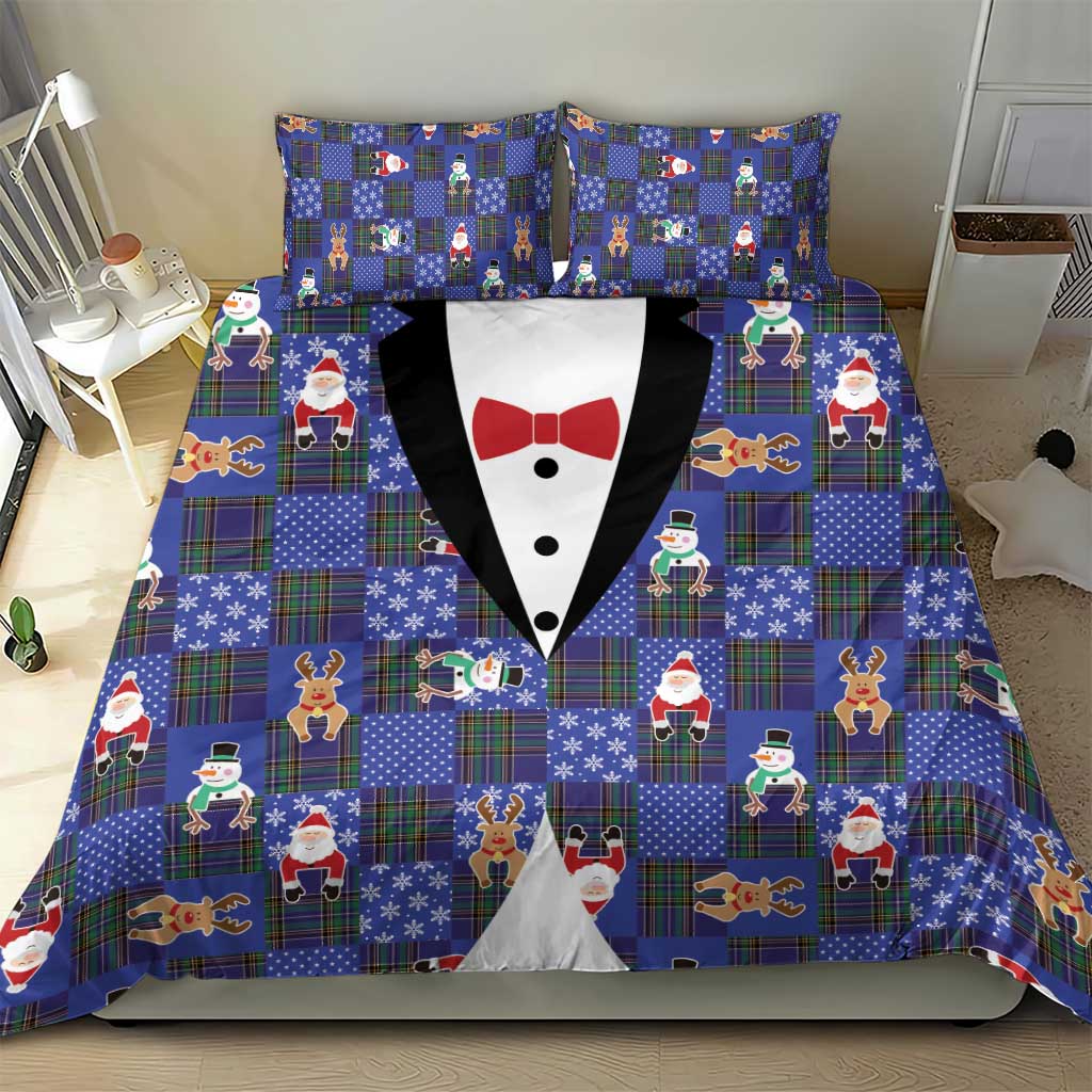 Christmas Patchwork Fake Tuxedo Bedding Set Santa and Reindeer Blue Plaid Style - Wonder Print Shop