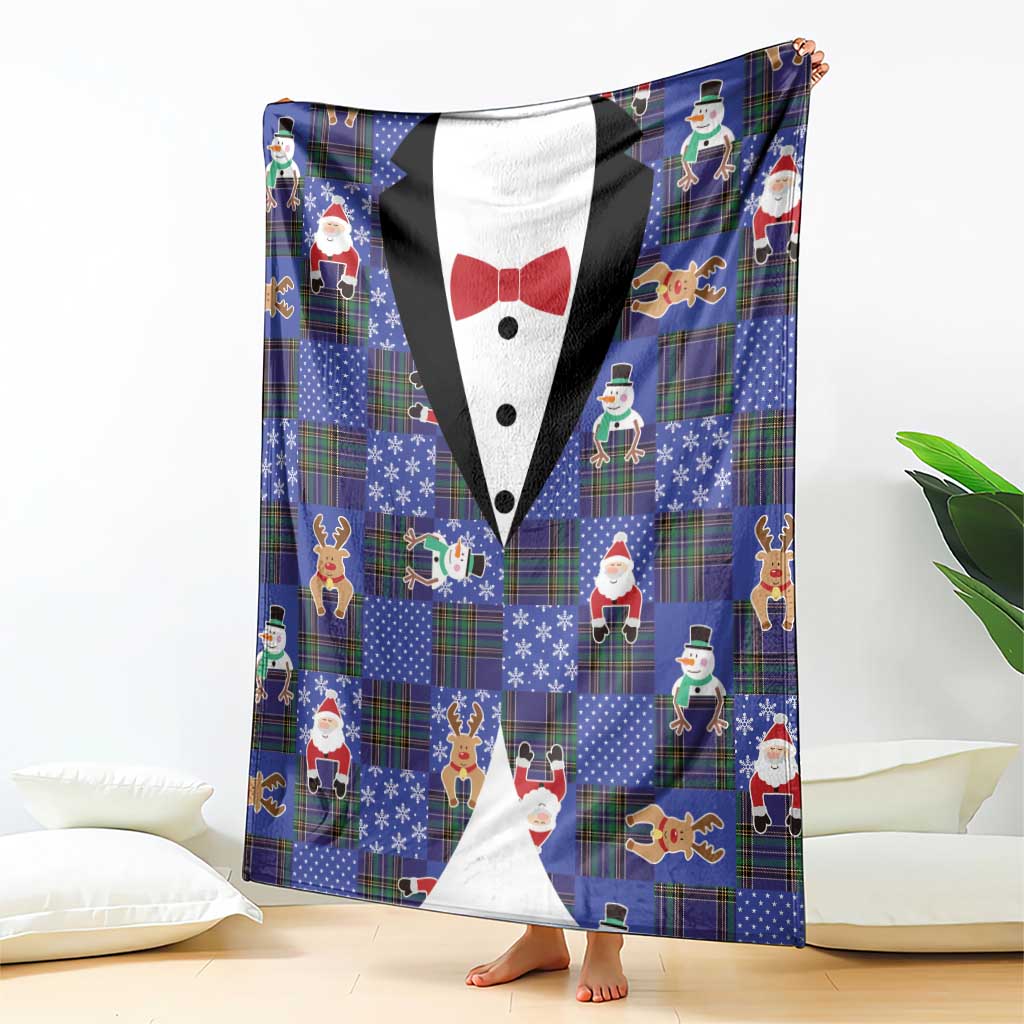 Christmas Patchwork Fake Tuxedo Blanket Santa and Reindeer Blue Plaid Style - Wonder Print Shop