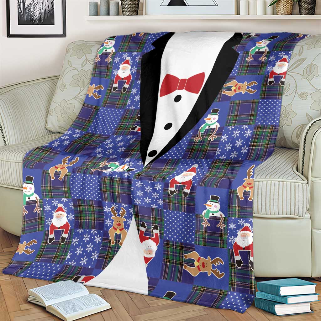 Christmas Patchwork Fake Tuxedo Blanket Santa and Reindeer Blue Plaid Style - Wonder Print Shop