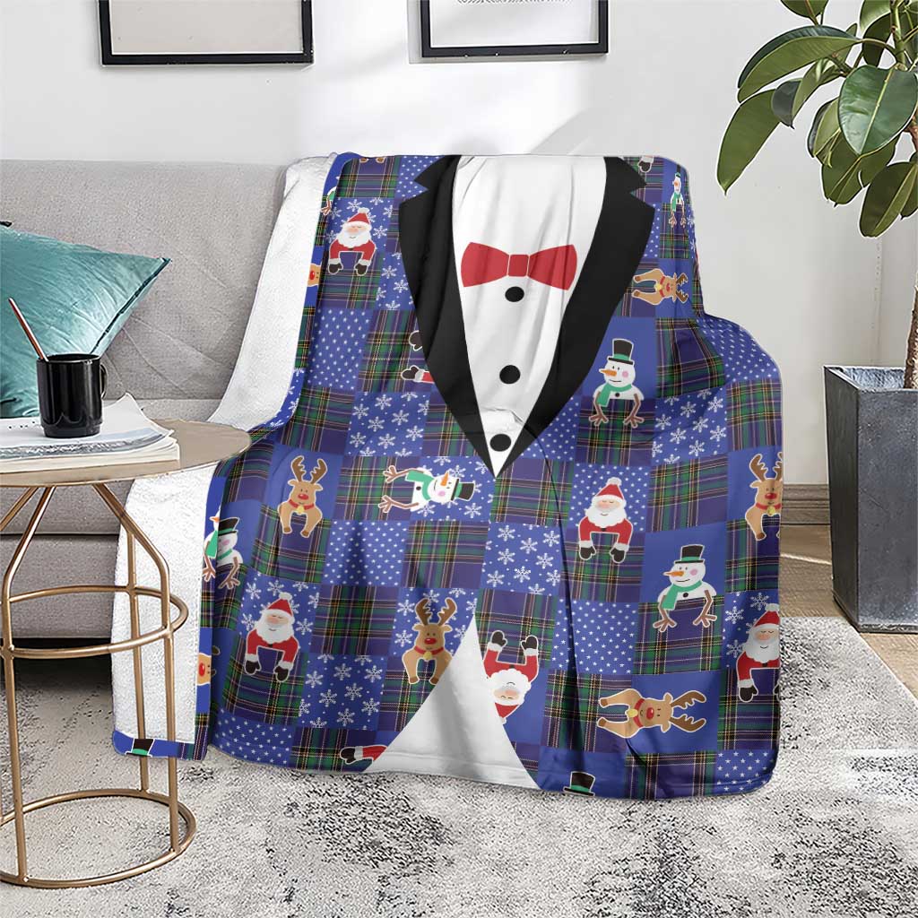 Christmas Patchwork Fake Tuxedo Blanket Santa and Reindeer Blue Plaid Style - Wonder Print Shop