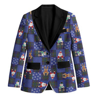 Christmas Patchwork Fake Tuxedo Blazer Santa and Reindeer Blue Plaid Style - Wonder Print Shop
