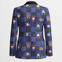 Christmas Patchwork Fake Tuxedo Blazer Santa and Reindeer Blue Plaid Style - Wonder Print Shop