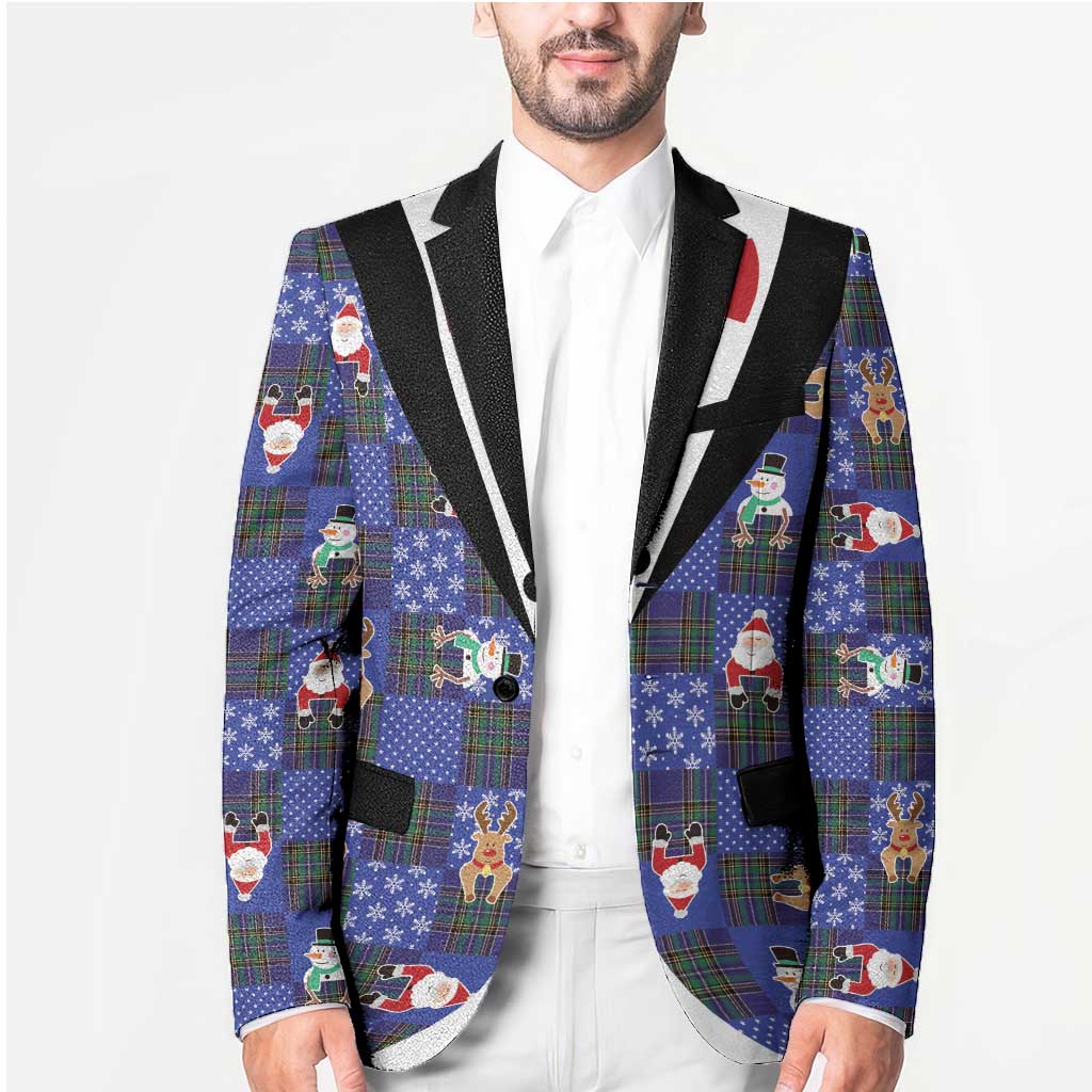 Christmas Patchwork Fake Tuxedo Blazer Santa and Reindeer Blue Plaid Style - Wonder Print Shop