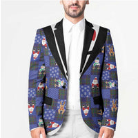 Christmas Patchwork Fake Tuxedo Blazer Santa and Reindeer Blue Plaid Style - Wonder Print Shop