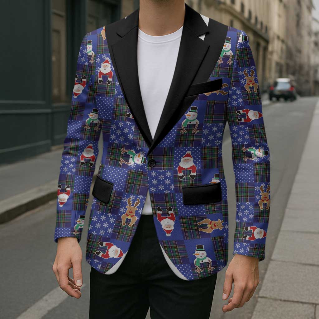Christmas Patchwork Fake Tuxedo Blazer Santa and Reindeer Blue Plaid Style - Wonder Print Shop