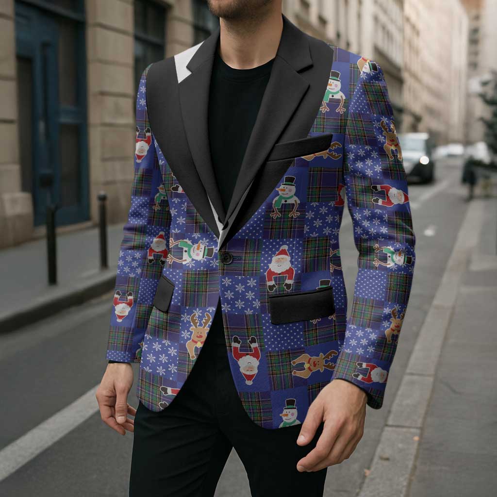 Christmas Patchwork Fake Tuxedo Blazer Santa and Reindeer Blue Plaid Style - Wonder Print Shop