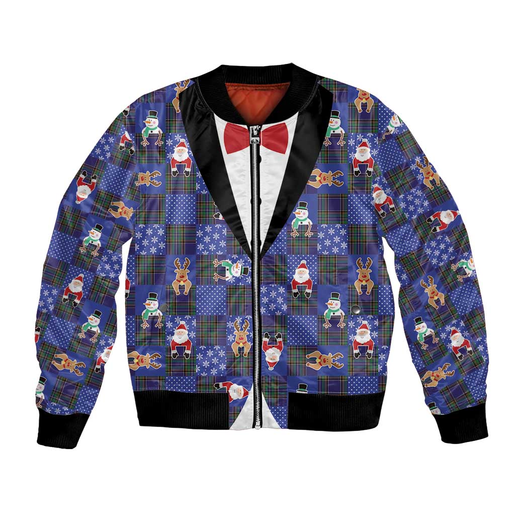 Christmas Patchwork Fake Tuxedo Bomber Jacket Santa and Reindeer Blue Plaid Style - Wonder Print Shop