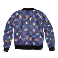Christmas Patchwork Fake Tuxedo Bomber Jacket Santa and Reindeer Blue Plaid Style - Wonder Print Shop