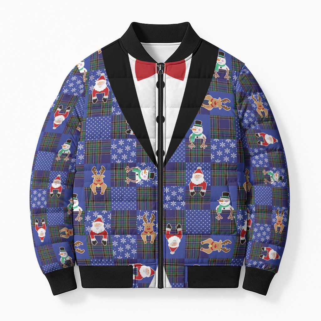 Christmas Patchwork Fake Tuxedo Bomber Puffer Jacket Santa and Reindeer Blue Plaid Style - Wonder Print Shop