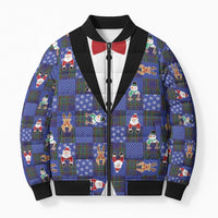 Christmas Patchwork Fake Tuxedo Bomber Puffer Jacket Santa and Reindeer Blue Plaid Style - Wonder Print Shop