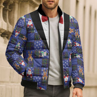 Christmas Patchwork Fake Tuxedo Bomber Puffer Jacket Santa and Reindeer Blue Plaid Style - Wonder Print Shop