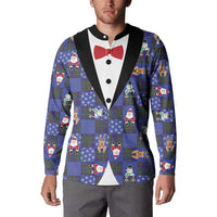Christmas Patchwork Fake Tuxedo Button Sweatshirt Santa and Reindeer Blue Plaid Style - Wonder Print Shop