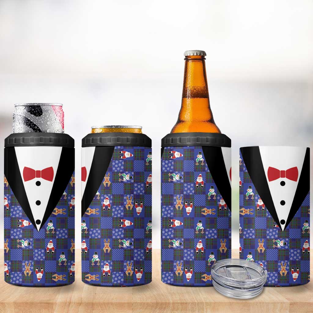 Christmas Patchwork Fake Tuxedo 4 in 1 Can Cooler Tumbler Santa and Reindeer Blue Plaid Style - Wonder Print Shop