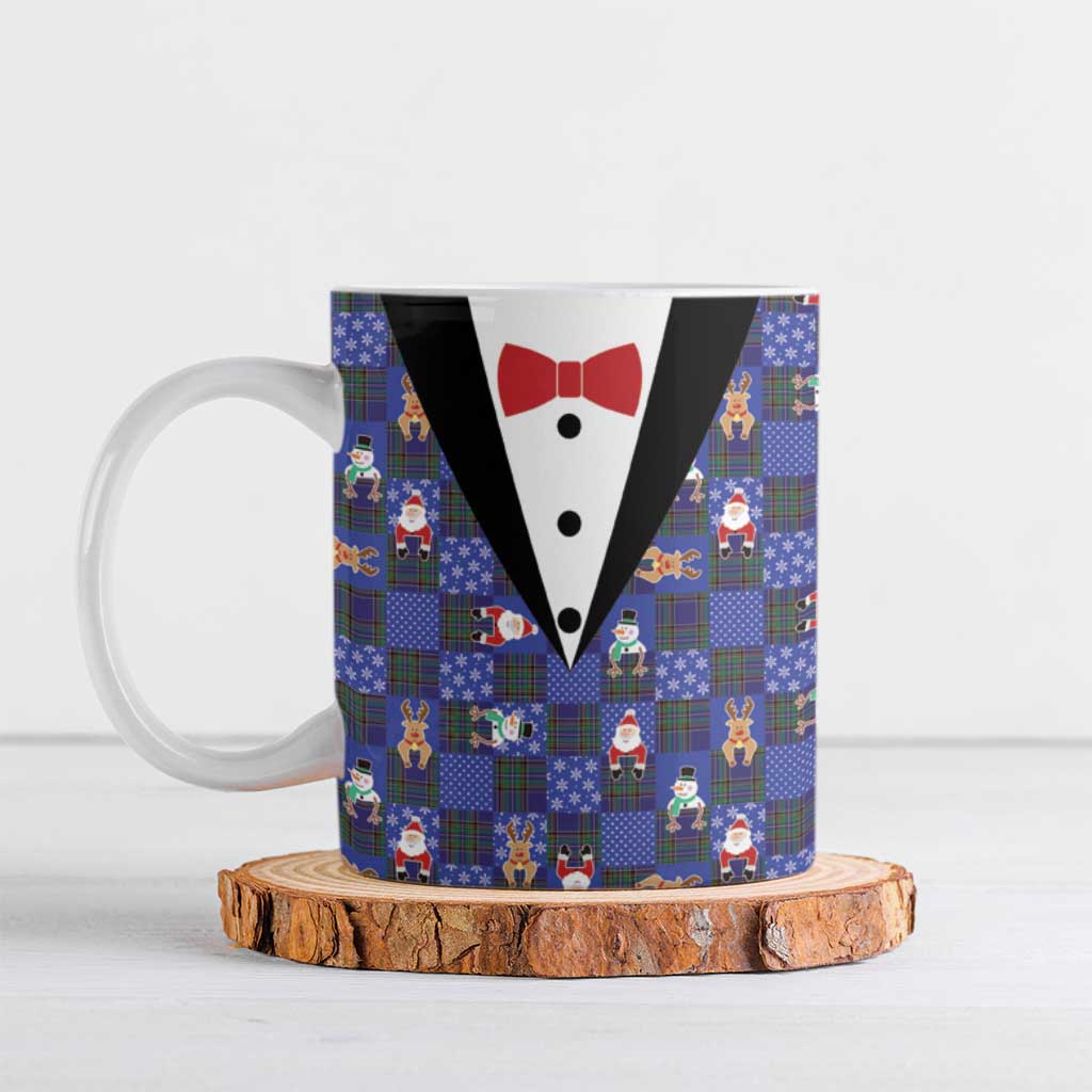 Christmas Patchwork Fake Tuxedo Ceramic Mug Santa and Reindeer Blue Plaid Style - Wonder Print Shop