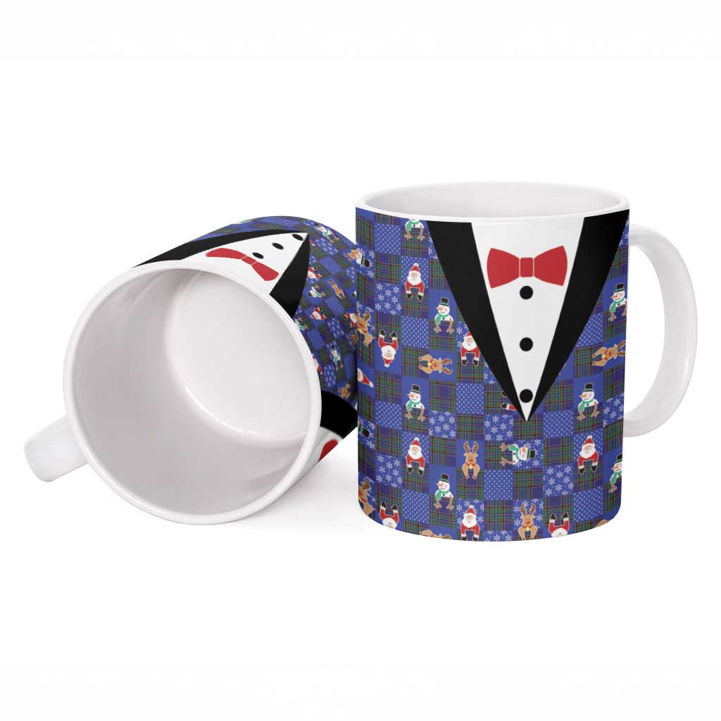 Christmas Patchwork Fake Tuxedo Ceramic Mug Santa and Reindeer Blue Plaid Style - Wonder Print Shop