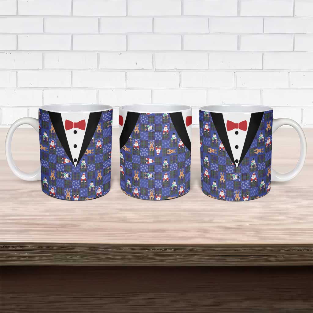 Christmas Patchwork Fake Tuxedo Ceramic Mug Santa and Reindeer Blue Plaid Style - Wonder Print Shop