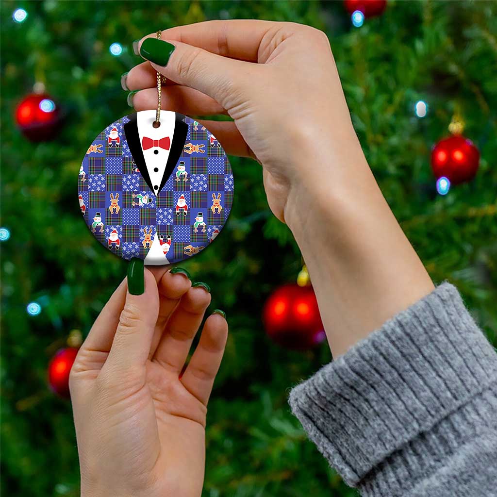Christmas Patchwork Fake Tuxedo Ceramic Ornament Santa and Reindeer Blue Plaid Style - Wonder Print Shop