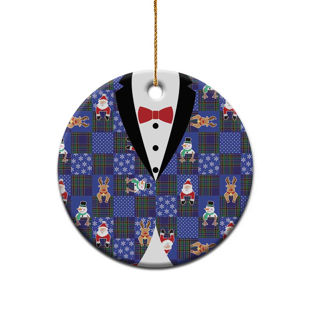 Christmas Patchwork Fake Tuxedo Ceramic Ornament Santa and Reindeer Blue Plaid Style - Wonder Print Shop