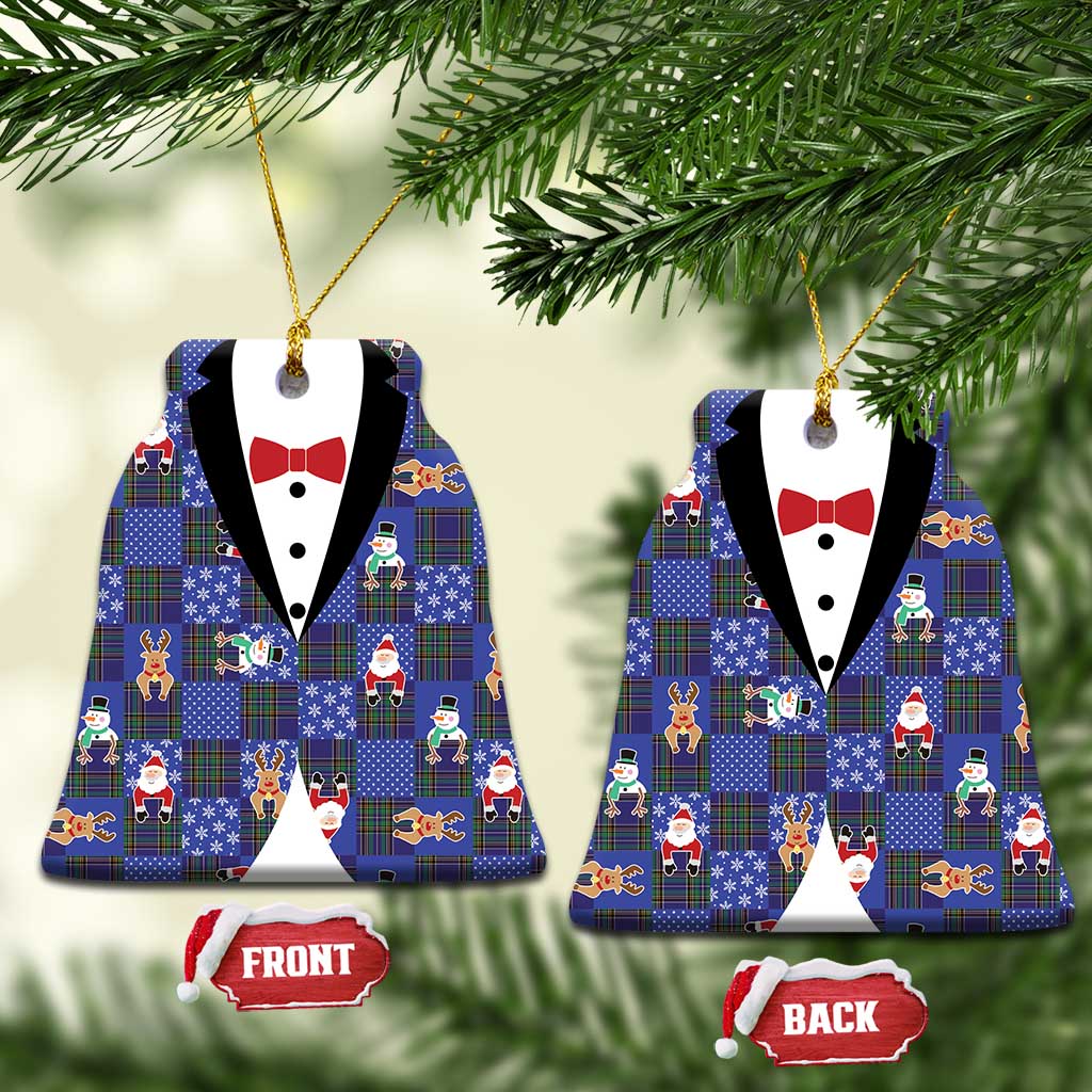 Christmas Patchwork Fake Tuxedo Ceramic Ornament Santa and Reindeer Blue Plaid Style - Wonder Print Shop