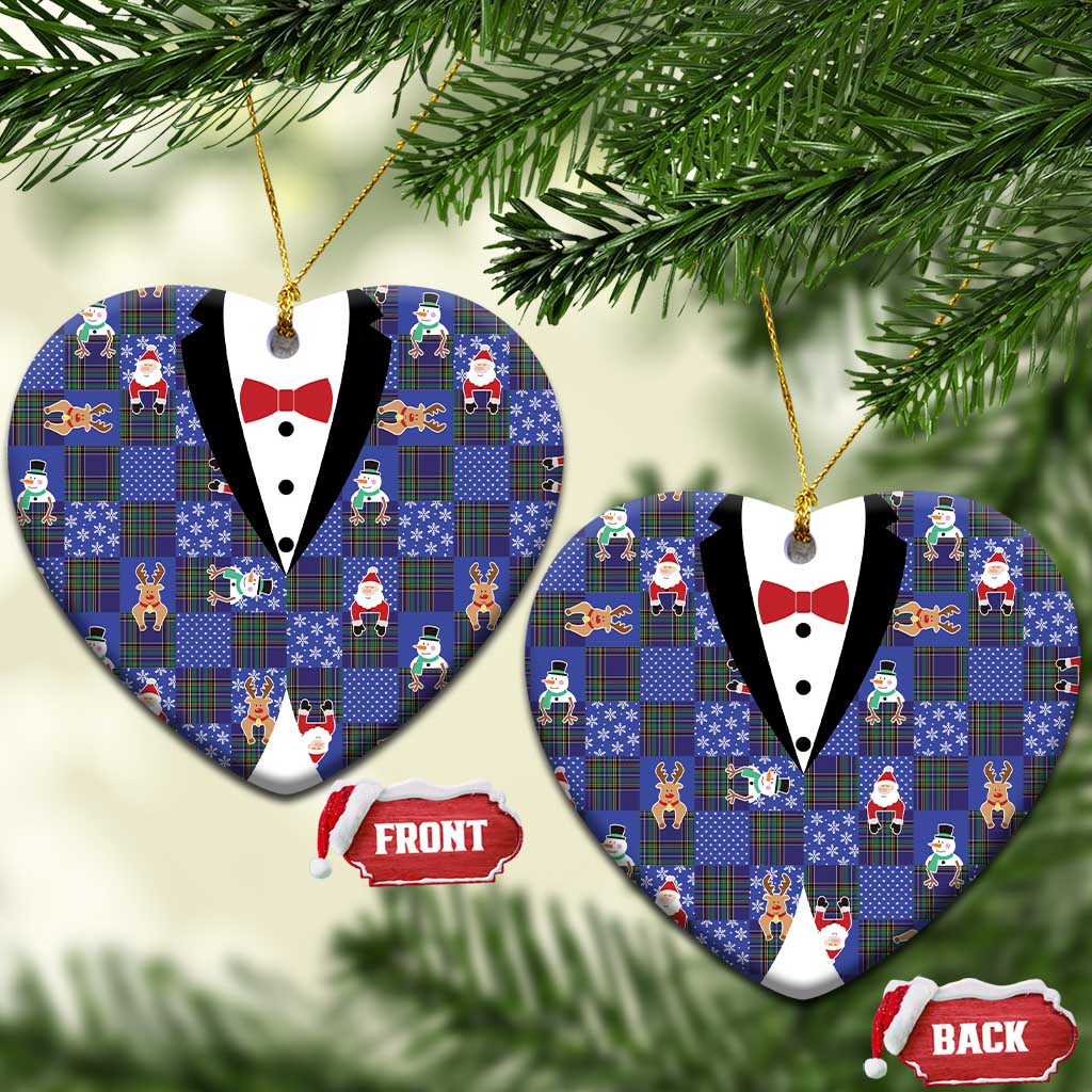 Christmas Patchwork Fake Tuxedo Ceramic Ornament Santa and Reindeer Blue Plaid Style - Wonder Print Shop