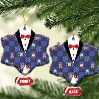 Christmas Patchwork Fake Tuxedo Ceramic Ornament Santa and Reindeer Blue Plaid Style - Wonder Print Shop