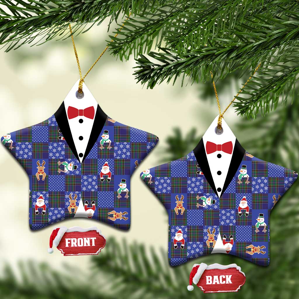Christmas Patchwork Fake Tuxedo Ceramic Ornament Santa and Reindeer Blue Plaid Style - Wonder Print Shop