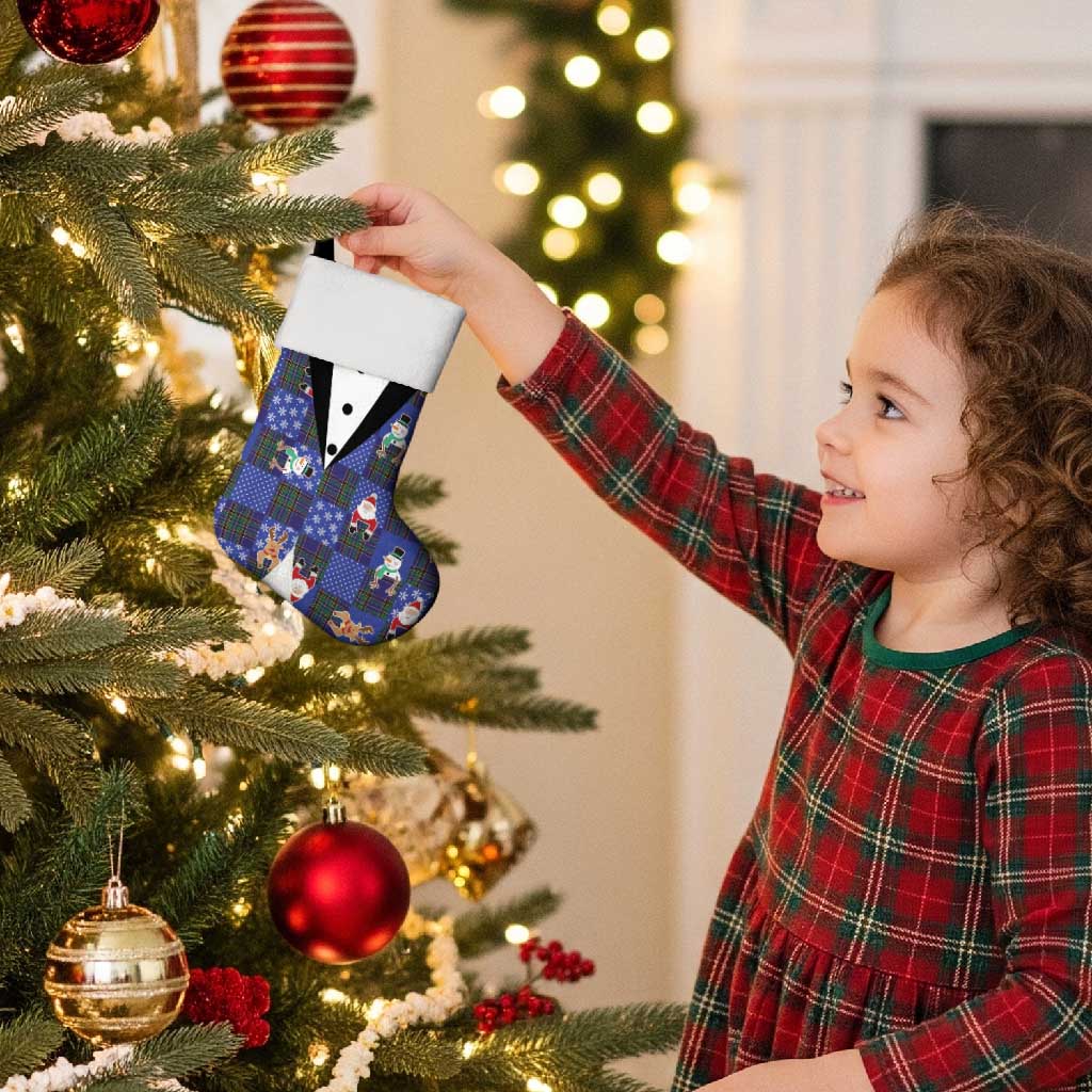 Christmas Patchwork Fake Tuxedo Christmas Stocking Santa and Reindeer Blue Plaid Style - Wonder Print Shop