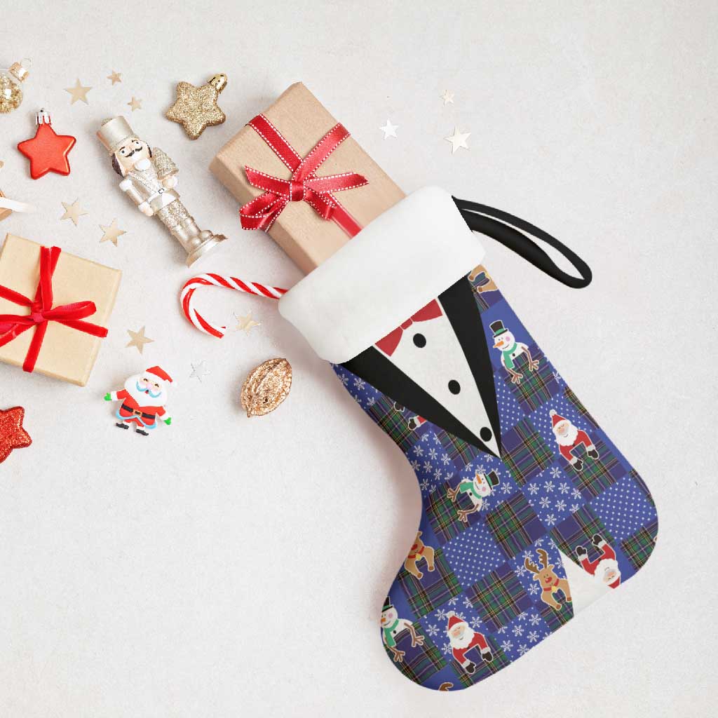 Christmas Patchwork Fake Tuxedo Christmas Stocking Santa and Reindeer Blue Plaid Style - Wonder Print Shop