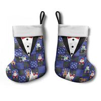 Christmas Patchwork Fake Tuxedo Christmas Stocking Santa and Reindeer Blue Plaid Style - Wonder Print Shop