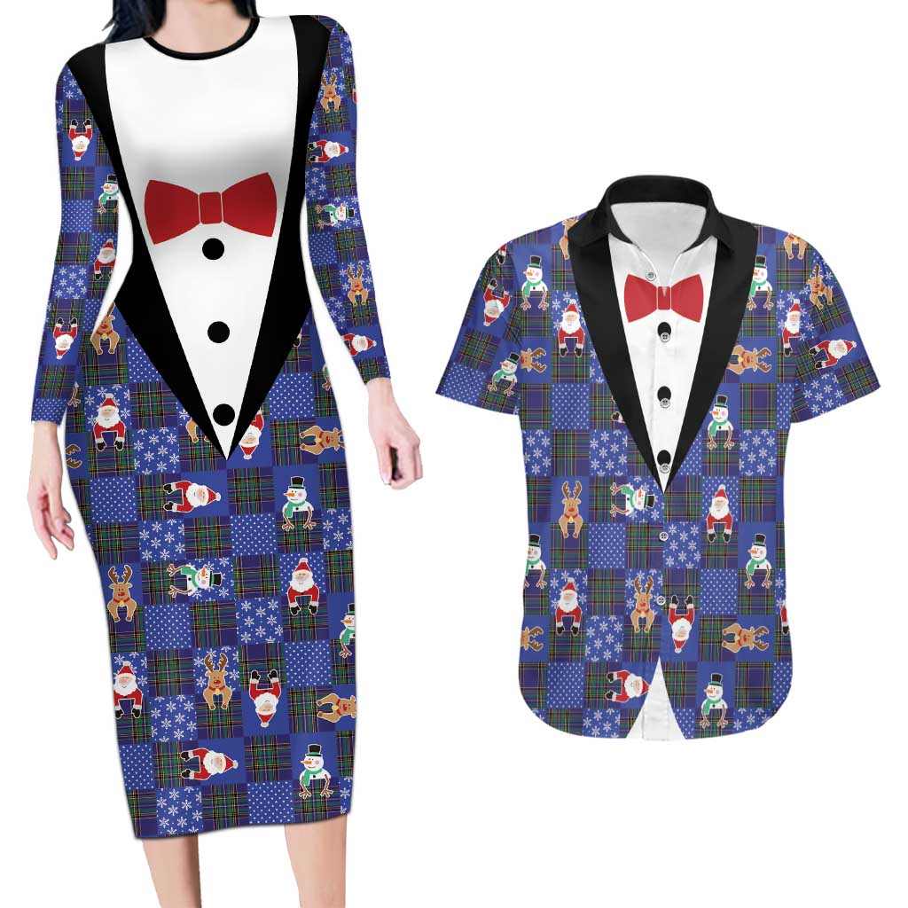 Christmas Patchwork Fake Tuxedo Couples Matching Long Sleeve Bodycon Dress and Hawaiian Shirt Santa and Reindeer Blue Plaid Style - Wonder Print Shop