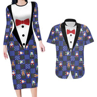 Christmas Patchwork Fake Tuxedo Couples Matching Long Sleeve Bodycon Dress and Hawaiian Shirt Santa and Reindeer Blue Plaid Style - Wonder Print Shop