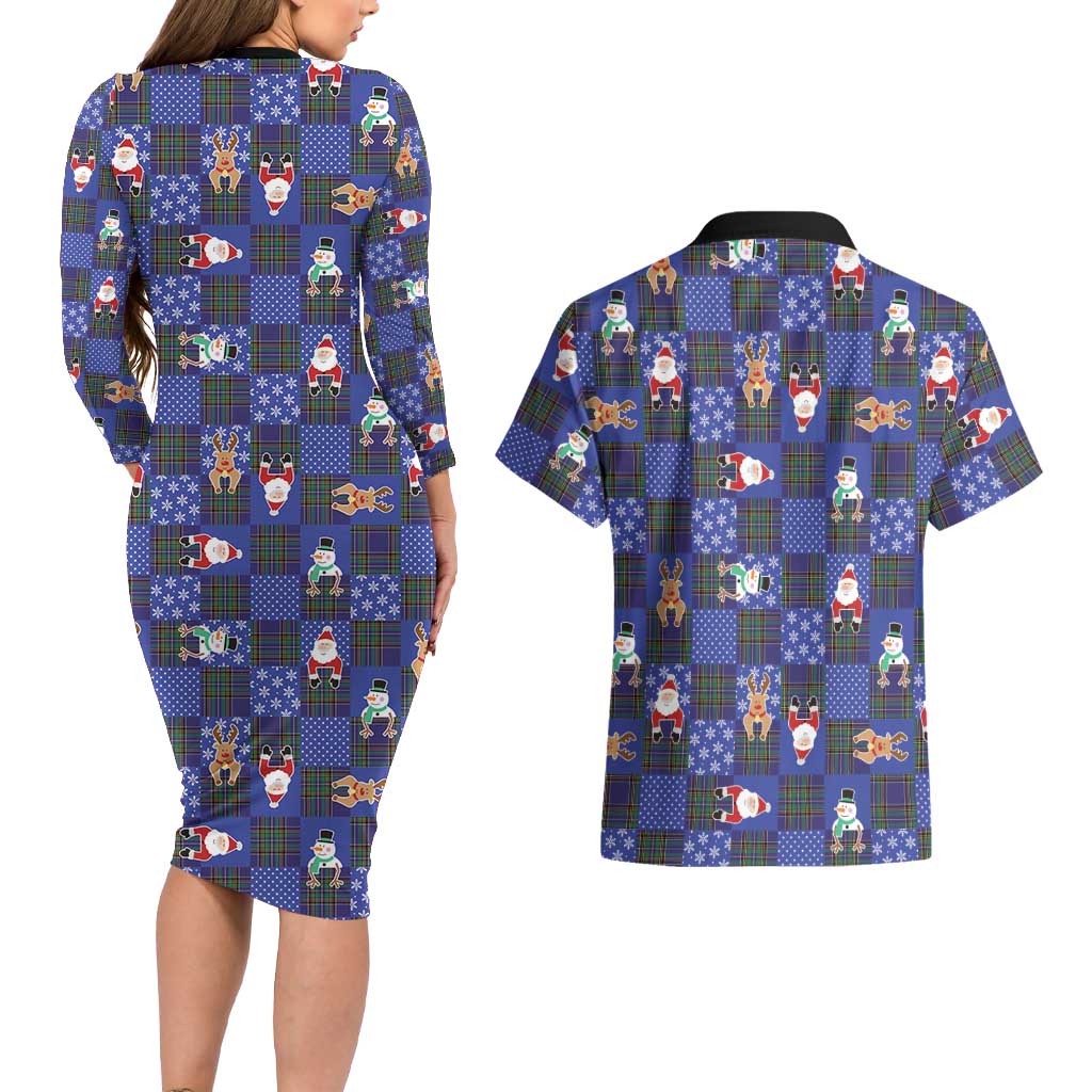 Christmas Patchwork Fake Tuxedo Couples Matching Long Sleeve Bodycon Dress and Hawaiian Shirt Santa and Reindeer Blue Plaid Style - Wonder Print Shop