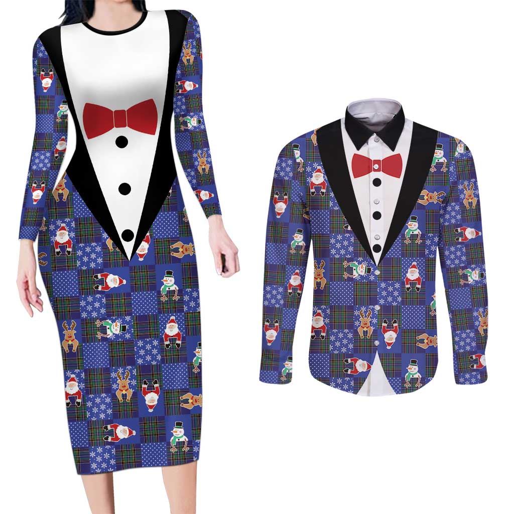 Christmas Patchwork Fake Tuxedo Couples Matching Long Sleeve Bodycon Dress and Long Sleeve Button Shirt Santa and Reindeer Blue Plaid Style - Wonder Print Shop